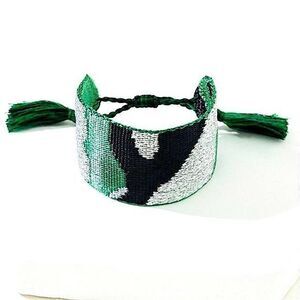 Unique Artisan Woven Bracelet Emerald Green Silver Tribal Geometric Boho Chic